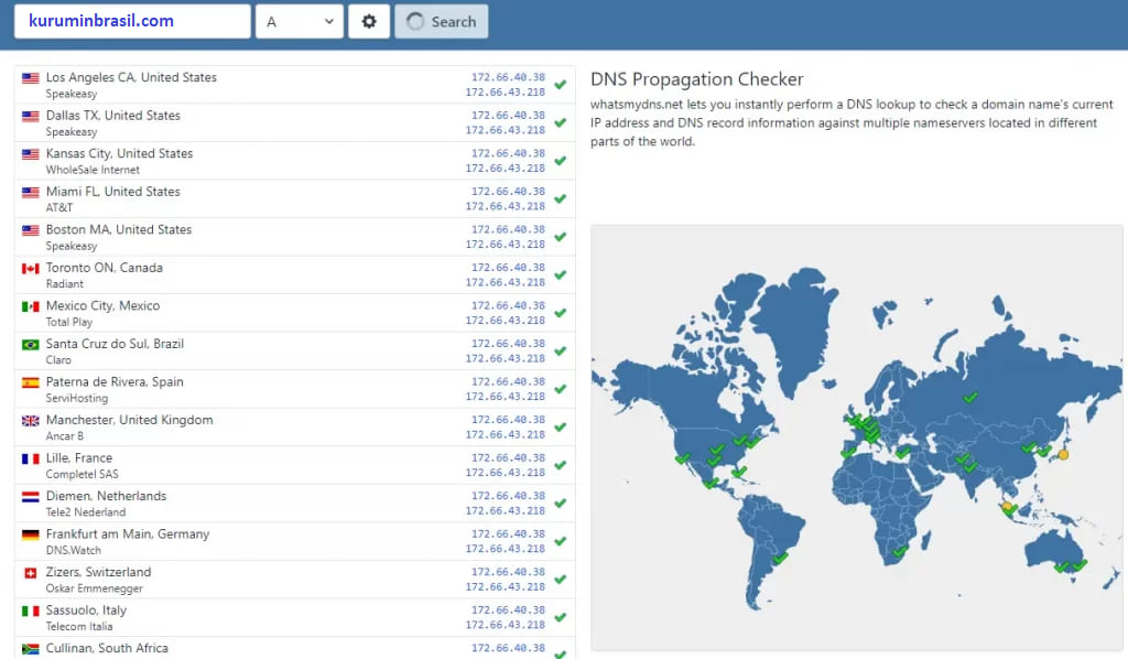 Mapa mundial de propagação DNS mostrando servidores em diferentes países confirmando a atualização do domínio kuruminbrasil.com, com IP 172.66.48.38, utilizando a ferramenta whatsmydns.net para verificar a propagação global dos registros DNS.