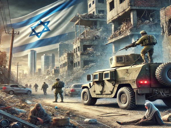 Ilustração representando as operações de Israel em Gaza, destacando veículos militares em um cenário urbano destruído e a complexidade do conflito com impacto humanitário.