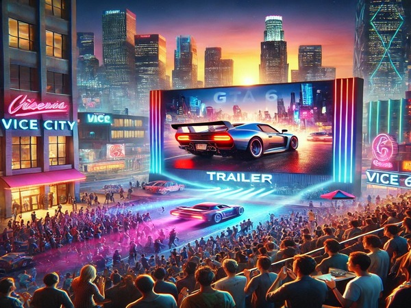 imagem otimizada e ilustrativa, representando a empolgação global pelo lançamento do trailer de GTA 6. Ela reflete a atmosfera vibrante de Vice City com o entusiasmo da comunidade gamer.