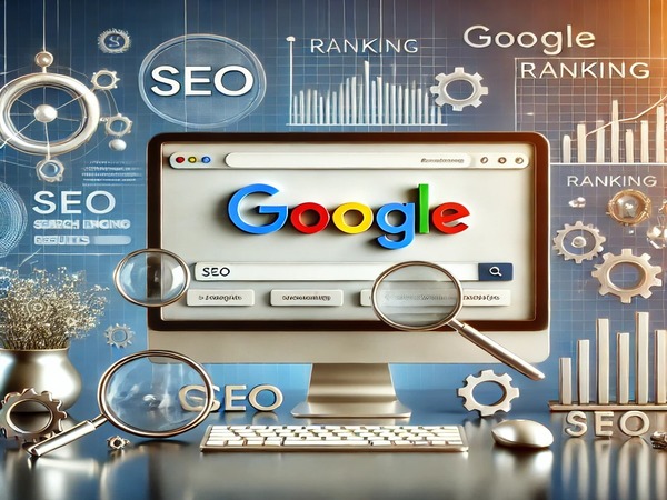 Ilustração de estratégias de SEO, mostrando um laptop exibindo uma página de resultados de pesquisa, cercado por ícones de gráficos, engrenagens e lupa, representando a otimização para motores de busca para melhorar o posicionamento.
