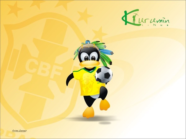 Mascote Tux do Linux vestindo a camisa da Seleção Brasileira e segurando uma bola de futebol, destacando o espírito brasileiro do Linux Kurumin. Ao fundo, o logotipo da CBF e o branding do Kurumin enfatizam sua identidade única e nacional.