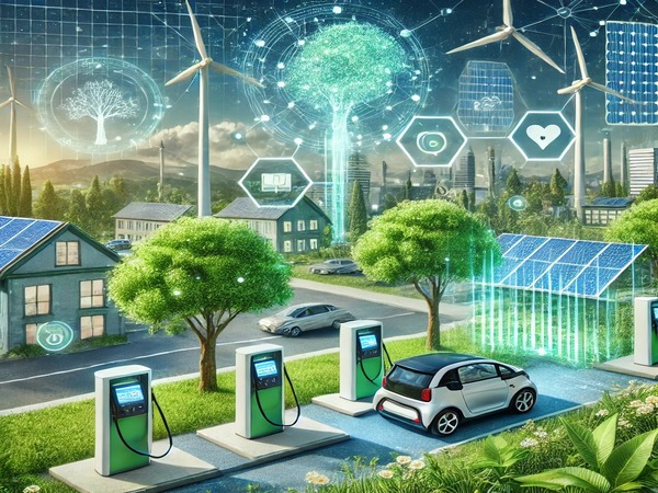 Ilustração futurista de soluções sustentáveis em tecnologia, apresentando uma cidade verde com painéis solares, turbinas eólicas, veículos elétricos e árvores integradas a dispositivos digitais. Uma representação visual de inovações tecnológicas eco-friendly para um futuro sustentável.