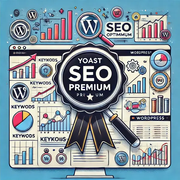 Ilustração detalhada destacando o Yoast SEO Premium com gráficos de desempenho, palavras-chave e otimização WordPress, simbolizando estratégias avançadas de SEO para sites de sucesso.