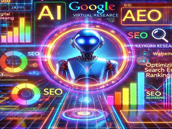 Imagem de um assistente virtual de IA com design futurista, rodeado por gráficos de SEO, palavras-chave e análises de marketing digital. A cena destaca o impacto da inteligência artificial no ranqueamento do Google e na otimização de buscas online.