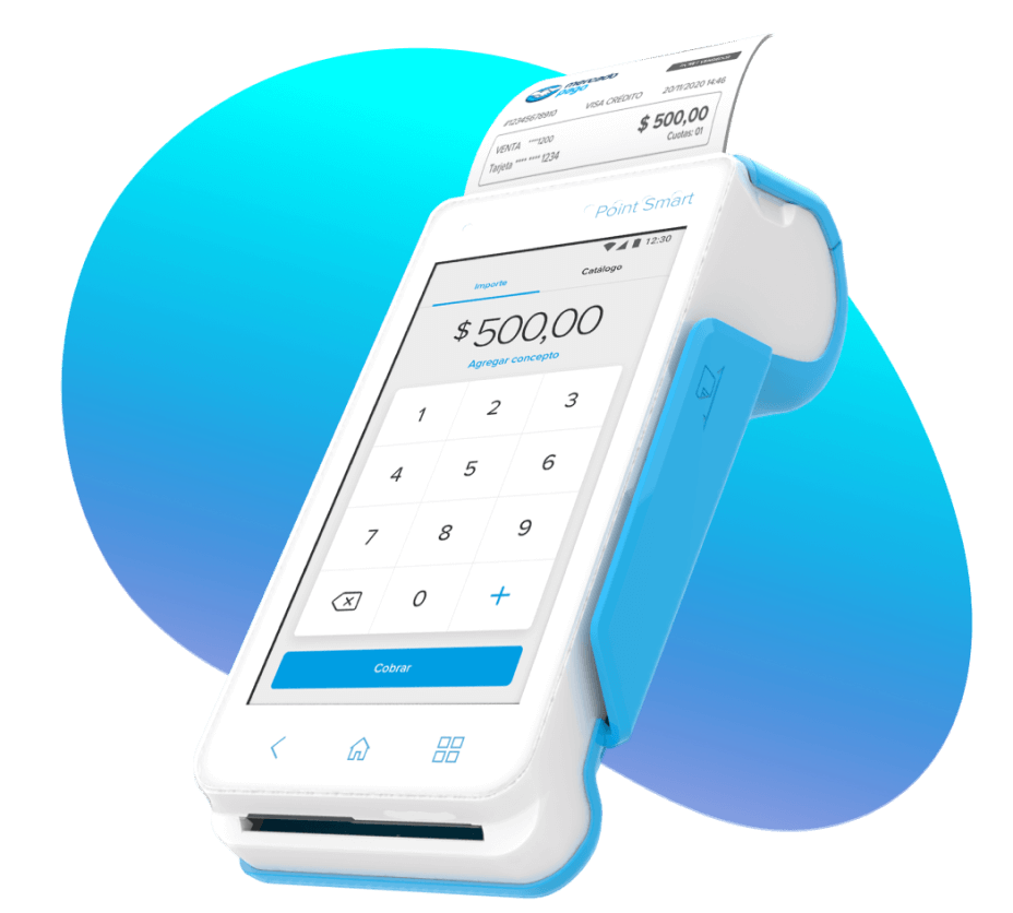 Imagem da maquininha Point Smart 2 do Mercado Pago com recibo impresso, valor de R$ 500,00 na tela, destaque para Pix com 0% de taxa e design moderno branco e azul.