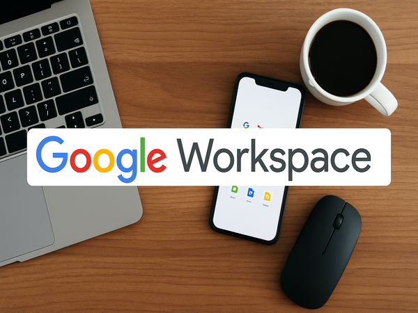 Flat lay of a wooden desk with a laptop, smartphone displaying Google Workspace apps, a wireless mouse, and a cup of coffee — representing modern remote work and digital productivity tools.