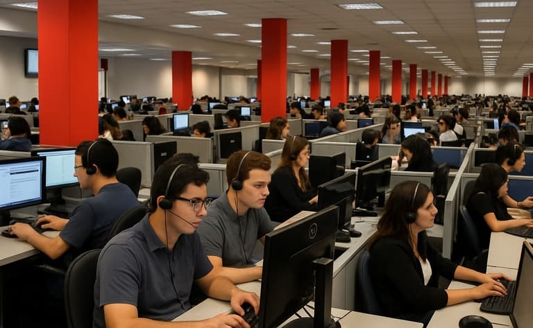 Call center moderno com diversos atendentes usando headsets em frente a computadores em um ambiente corporativo organizado e tecnológico.