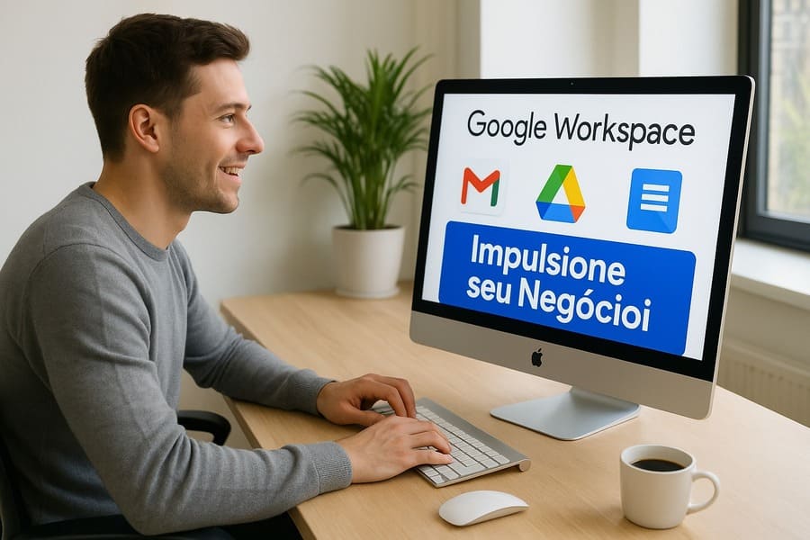 Homem usando o Google Workspace no computador para aumentar a produtividade e impulsionar seu negócio com Gmail, Google Drive e Documentos