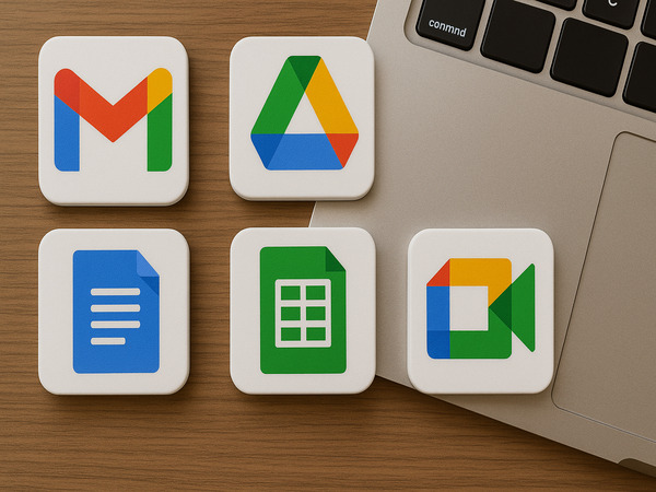 Ícones dos aplicativos Gmail, Google Drive, Documentos, Planilhas e Meet dispostos em cima de uma mesa de madeira ao lado de um notebook.