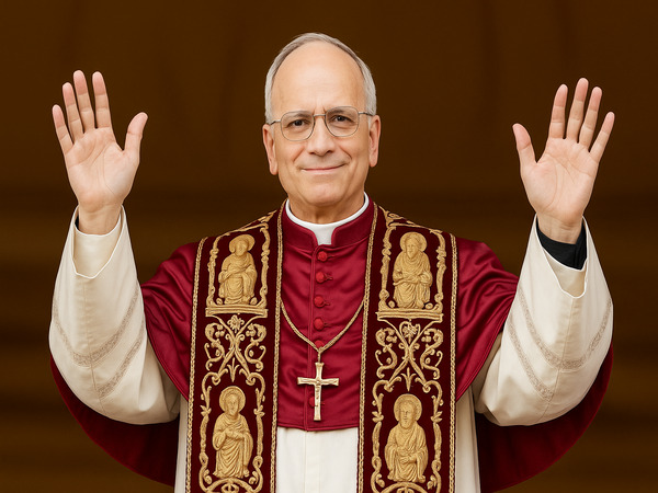 Papa Robert Francis Prevost com vestes papais, braços erguidos, durante a bênção Urbi et Orbi no Vaticano, diante de uma multidão em 2025.