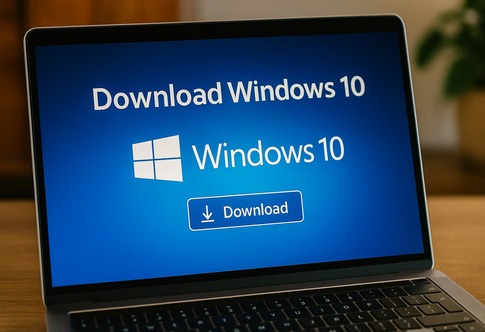 Download Windows 10 Atualizado — Grátis, Rápido e Seguro! Tela de notebook exibindo a página de download do Windows 10 com botão azul escrito 'Download', fundo azul e logo do Windows