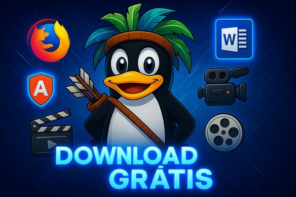 Download Grátis de Programas, Tutoriais e Filmes com o Kurumin Brasil – Simples e Seguro! Mascote do Linux Kurumin com cocar colorido em fundo digital moderno, cercado por ícones de programas e filmes, com a frase "Download Grátis" em destaque neon.
