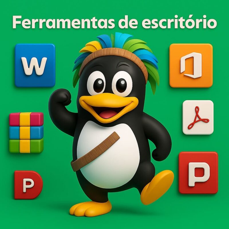 Ferramentas de Escritório Essenciais com Toque Divertido – Produtividade Garantida! Mascote pinguim sorridente com cocar colorido ao centro, cercado por ícones de ferramentas de escritório populares como Word, PowerPoint, PDF, Office e WinRAR, sobre fundo verde com o título "Ferramentas de escritório".