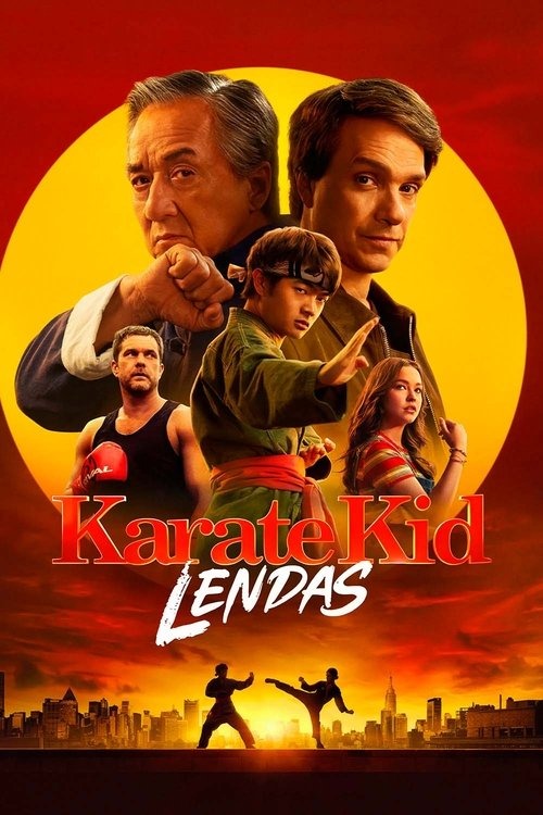 Karatê Kid: Lendas (2025) Torrent Pôster do filme "Karatê Kid: Lendas" (2025), com Jackie Chan e Ralph Macchio em destaque, acompanhados por jovens lutadores em pose de combate, com fundo de pôr do sol e cidade ao fundo. Título em letras vermelhas e brancas.