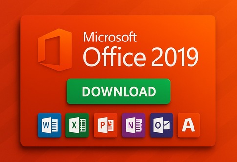 💼 Microsoft Office 2019 Download Grátis – Instale Word, Excel, PowerPoint, Outlook e Mais! Imagem promocional do Microsoft Office 2019 com logo oficial, botão verde de download e ícones dos aplicativos Word, Excel, PowerPoint, OneNote, Outlook e Access sobre fundo laranja vibrante.