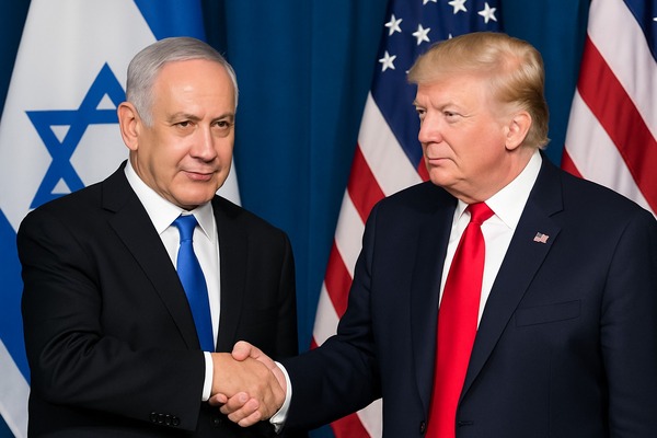 Donald Trump e Benjamin Netanyahu apertando as mãos diante das bandeiras dos EUA e de Israel, simbolizando uma aliança política e diplomática estratégica.