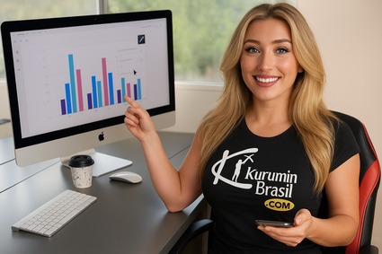Mulher sorridente com camiseta da Kurumin Brasil aponta para gráfico de crescimento em iMac dentro de escritório moderno, representando sucesso com serviços digitais e hospedagem de sites.