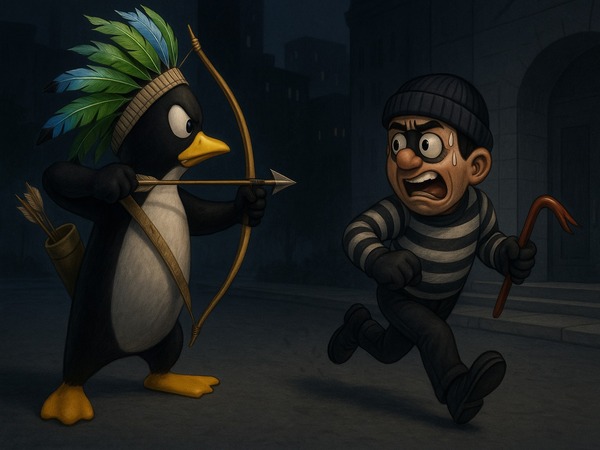 Ilustração realista do Kurumin Linux atirando flecha em hacker em fuga, representando segurança cibernética e proteção digital contra ataques hackers.