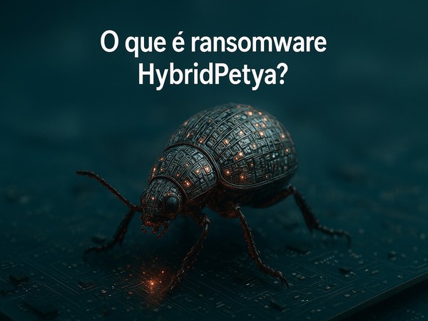 Ilustração em paisagem (600x450px) mostrando o ransomware HybridPetya como um inseto digital metálico brilhando sobre uma placa-mãe, com a frase ‘O que é ransomware HybridPetya?’, representando a nova ameaça cibernética que evolui do Petya e NotPetya e explora falhas no UEFI para contornar o Secure Boot.