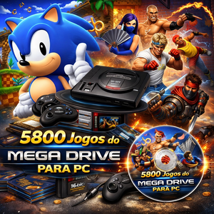 Imagem realista com Sonic, Streets of Rage, Mortal Kombat II e Shinobi III destacando a coleção 5800 jogos do Mega Drive para PC, com cores vivas e console retro da Sega.