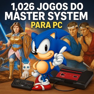 Imagem com destaque para 1026 jogos do Master System, mostrando personagens clássicos da SEGA e visual retrô colorido ideal para conteúdo de jogos antigos.