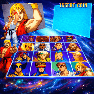 Tela de seleção de personagens do jogo X-Men vs Street Fighter arcade com heróis da Marvel e lutadores da Capcom em cores vivas Tela de seleção de personagens do jogo X-Men vs Street Fighter arcade com heróis da Marvel e lutadores da Capcom em cores vivas