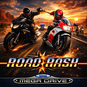 Imagem do jogo Road Rash do Mega Drive com corrida de motos e combate entre pilotos, clássico da Sega disponível para jogar no PC. Imagem do jogo Road Rash do Mega Drive com corrida de motos e combate entre pilotos, clássico da Sega disponível para jogar no PC.