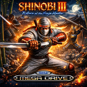 Imagem do jogo Shinobi III do Mega Drive mostrando o ninja em cena de combate, clássico da Sega disponível para jogar no PC. Imagem do jogo Shinobi III do Mega Drive mostrando o ninja em cena de combate, clássico da Sega disponível para jogar no PC.