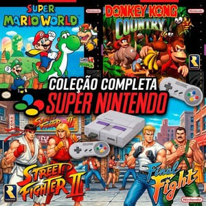 Imagem da Coleção Completa Super Nintendo com jogos clássicos como Super Mario World, Donkey Kong Country, Street Fighter II e Final Fight, destacando personagens icônicos e o console SNES em um visual colorido e nostálgico.