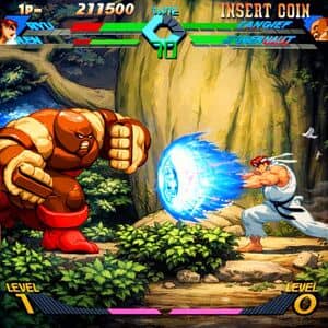 X-Men vs Street Fighter com Ryu lançando Hadouken contra Juggernaut em batalha clássica de arcade com gráficos coloridos e ação intensa X-Men vs Street Fighter com Ryu lançando Hadouken contra Juggernaut em batalha clássica de arcade com gráficos coloridos e ação intensa