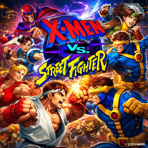 Imagem do jogo X-Men vs Street Fighter mostrando personagens da Marvel e Street Fighter em combate arcade clássico com gráficos coloridos e estilo retrô