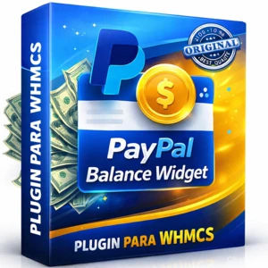 Imagem do Plugin PayPal Balance Widget para WHMCS mostrando integração com PayPal para exibição de saldo em tempo real no dashboard administrativo com design moderno em caixa 3D.