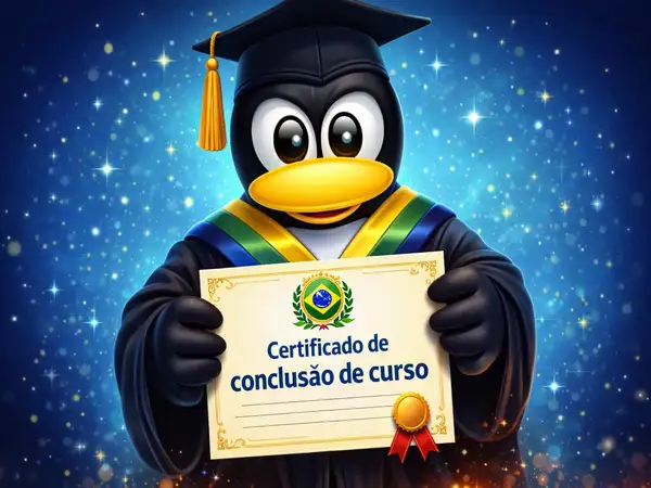 Certificado de conclusão do curso de cibersegurança Hacker do Bem 2026 com mascote tux formando