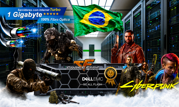 Servidor para games no Brasil com fibra óptica de 1GB, datacenter moderno, personagens de jogos como Cyberpunk e CrossFire, e hardware Dell EMC de alta performance.