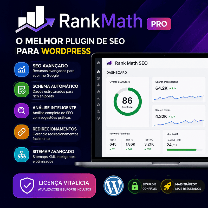 Rank Math PRO para WordPress com painel avançado de otimização SEO profissional Rank-Math-PRO-tela