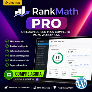 Rank Math PRO para WordPress com recursos avançados de SEO, schema automático e otimização profissional para sites WordPress