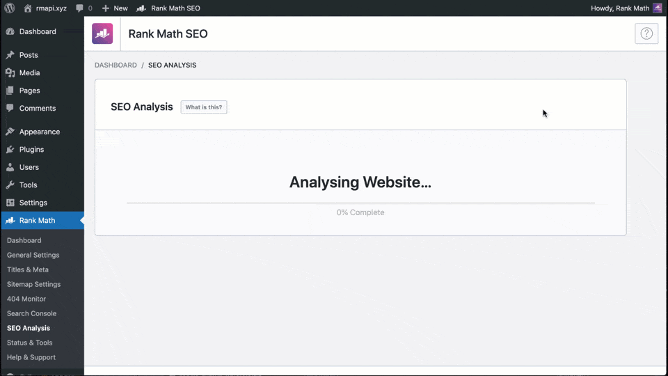 Dashboard do Rank Math PRO para WordPress mostrando análise de SEO e palavras-chave screenshot-4