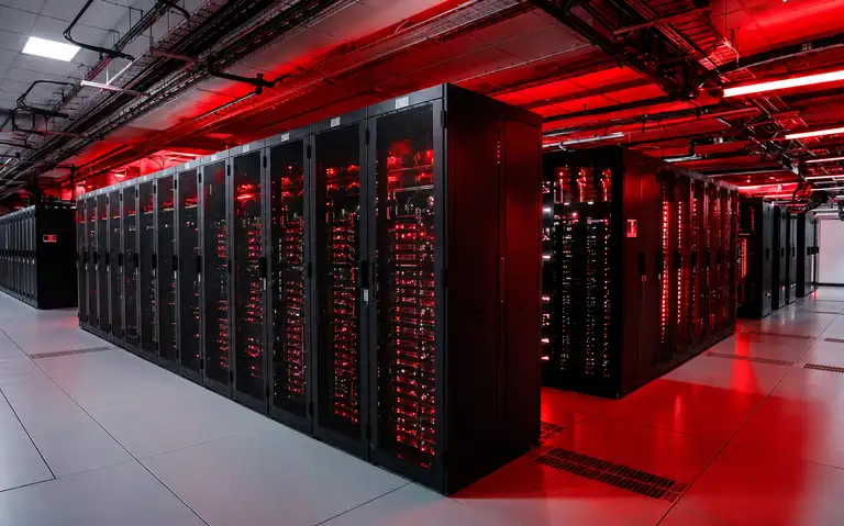 Servidores modernos em racks de alta densidade e infraestrutura redundante para hospedagem, cloud computing e colocation.