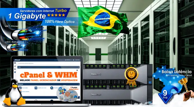 Hospedagem com Servidor Brasileiro, cPanel e Baixa Latência datacenter com servidor brasileiro com cPanel e WHM, oferecendo baixa latência, conexão de 1 Gigabyte e hospedagem de alta velocidade.