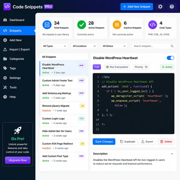 Interface do Code Snippets Pro WordPress Plugin mostrando o gerenciamento de snippets PHP, CSS e JavaScript.