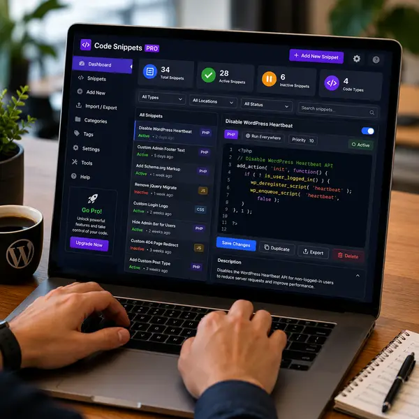Desenvolvedor utilizando o Code Snippets Pro WordPress Plugin para adicionar códigos personalizados no WordPress.