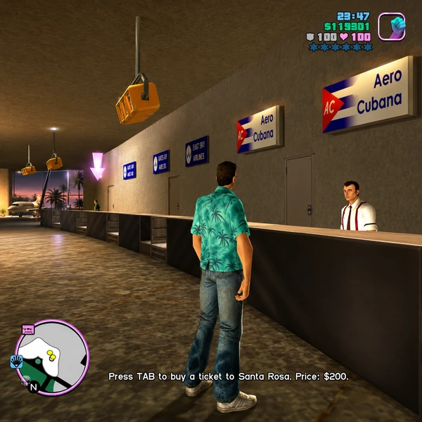 Aeroporto funcional no GTA Vice City Extended Features com personagem comprando passagem para Santa Rosa