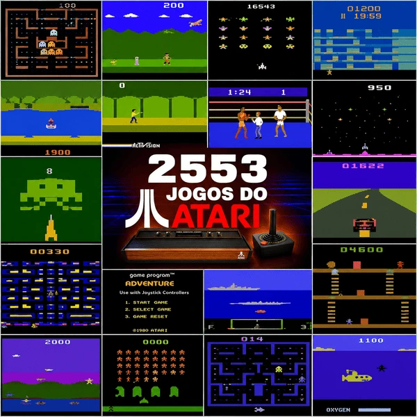 Imagem com alguns jogos do atari nesta coleção completa com 2.553 jogos para download.