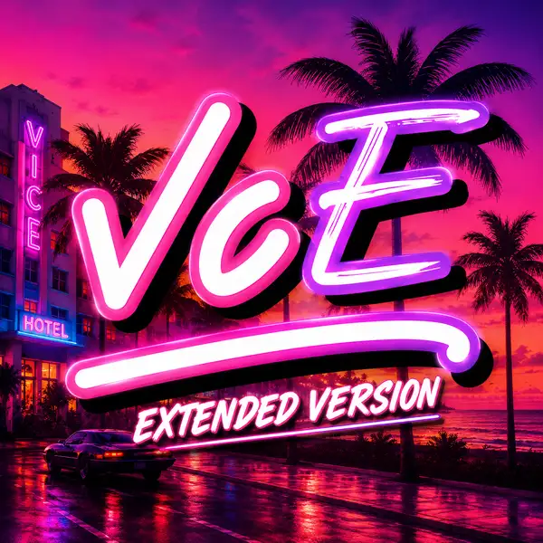 Logo GTA Vice City Extended Features Extended Version em estilo neon com palmeiras e cenário de Vice City