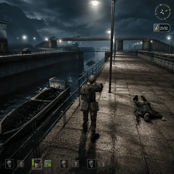 Gameplay de Hidden and Dangerous Deluxe mostrando soldado em missão de combate durante a Segunda Guerra Mundial