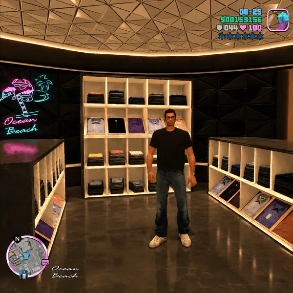 Tommy Vercetti trocando roupas em loja de Ocean Beach
