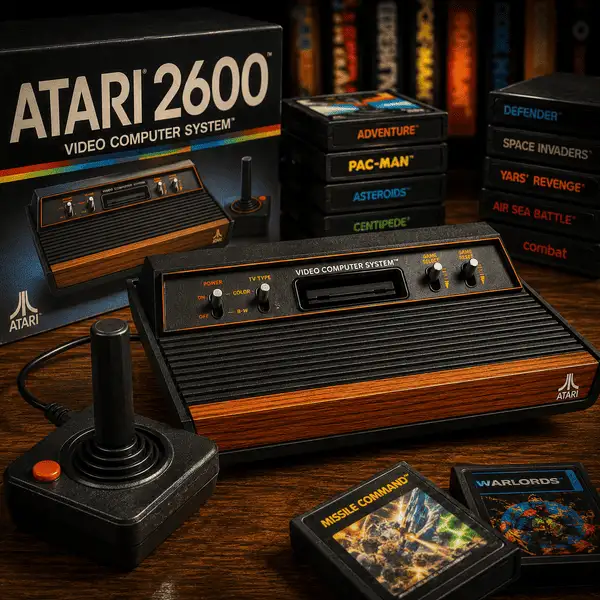 Console Atari 2600 com joystick e cartuchos de jogos clássicos em cenário retrô
