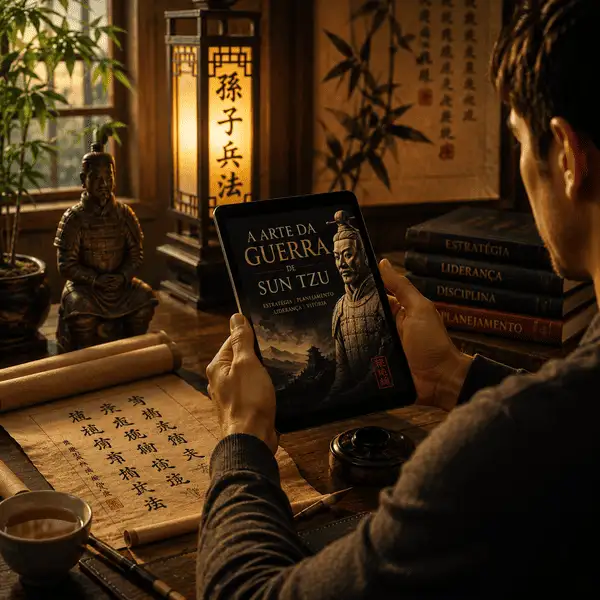 Pessoa lendo A Arte da Guerra de Sun Tzu em formato digital