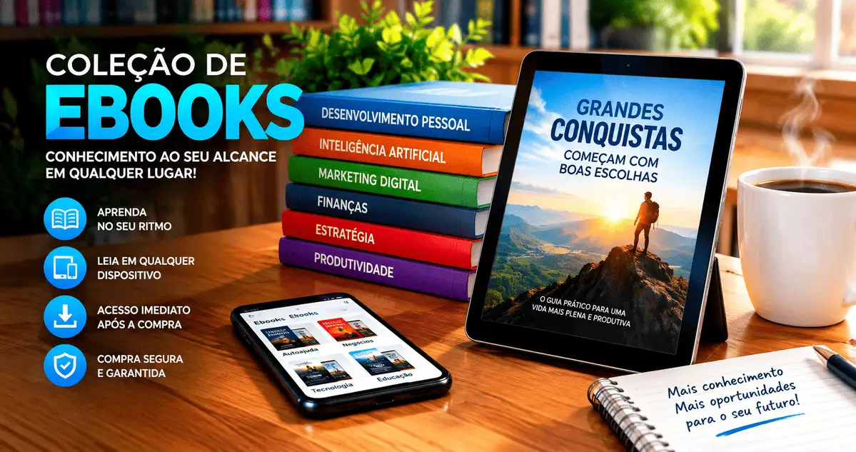 Coleção de ebooks sobre desenvolvimento pessoal, inteligência artificial, finanças e estratégia