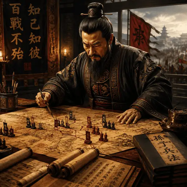 Sun Tzu planejando uma estratégia militar